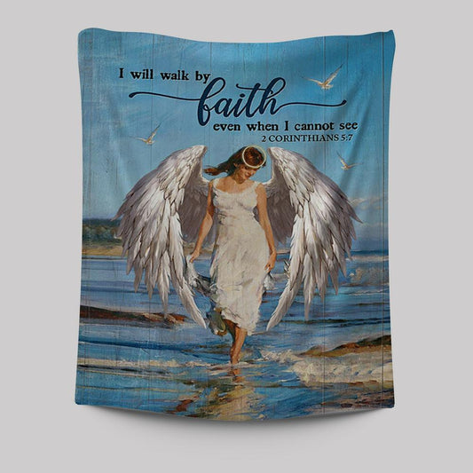 Angel Wings Ocean I Will Walk By Faith Tapestry Wall Art - Christian Tapestries Prints - Bible Verse Tapestry Art
