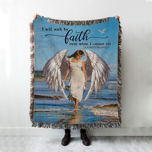 Angel Wings Ocean I Will Walk By Faith Woven Throw Blanket - Christian Woven Blanket Prints - Bible Verse Woven Blanket Art