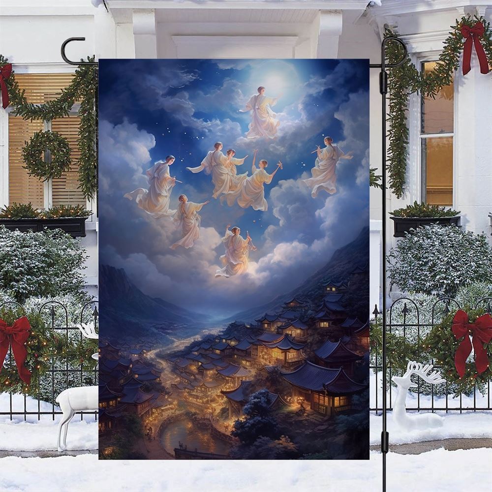 Angels Above The Ancient Village Flag, Christmas Angel Garden Flag, Christmas Outdoor Decor Ideas