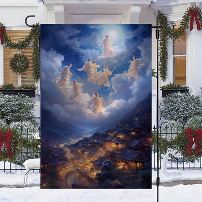 Angels Above The Ancient Village Flag, Christmas Angel Garden Flag, Christmas Outdoor Decor Ideas