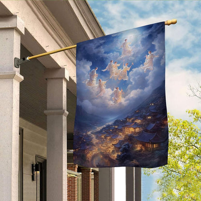 Angels Above The Ancient Village Flag, Christmas Angel Garden Flag, Christmas Outdoor Decor Ideas