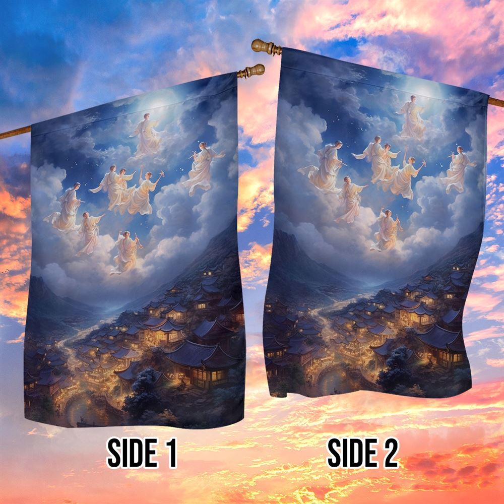 Angels Above The Ancient Village Flag, Christmas Angel Garden Flag, Christmas Outdoor Decor Ideas