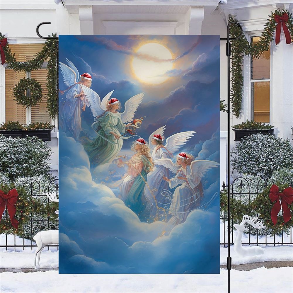 Angels In Festive Flight Flag, Christmas Angel Garden Flag, Christmas Outdoor Decor Ideas