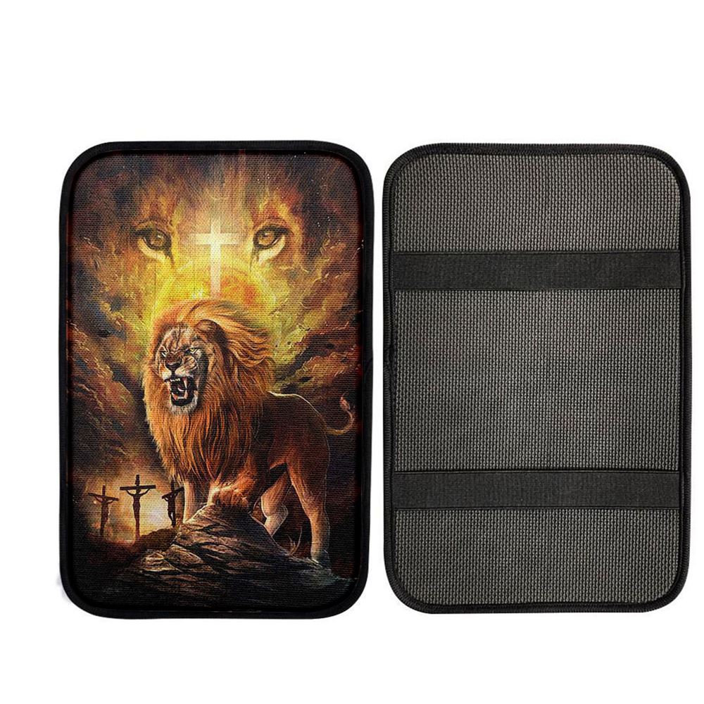 Angry Lion Of Judah Jesus On The Cross Car Center Console Cover, Christian Car Interior Accessories