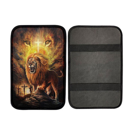Angry Lion Of Judah Jesus On The Cross Car Center Console Cover, Christian Car Interior Accessories