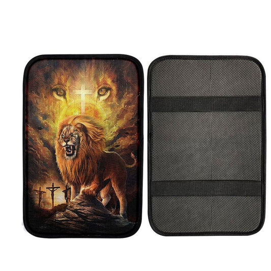 Angry Lion Of Judah Jesus On The Cross Car Center Console Cover, Christian Car Interior Accessories