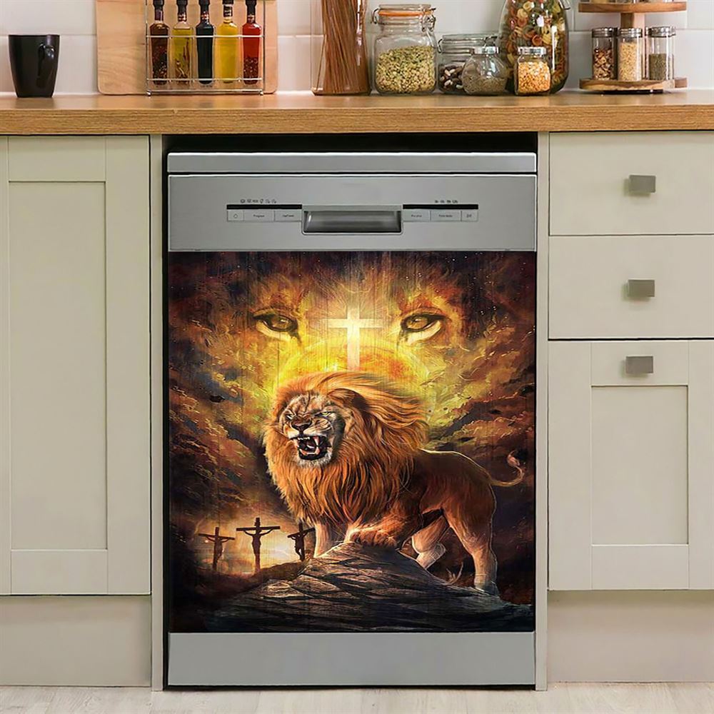 Angry Lion Of Judah Jesus On The Cross Dishwasher Cover, Christian Dishwasher Magnet Cover, Bible Verse Kitchen Decor