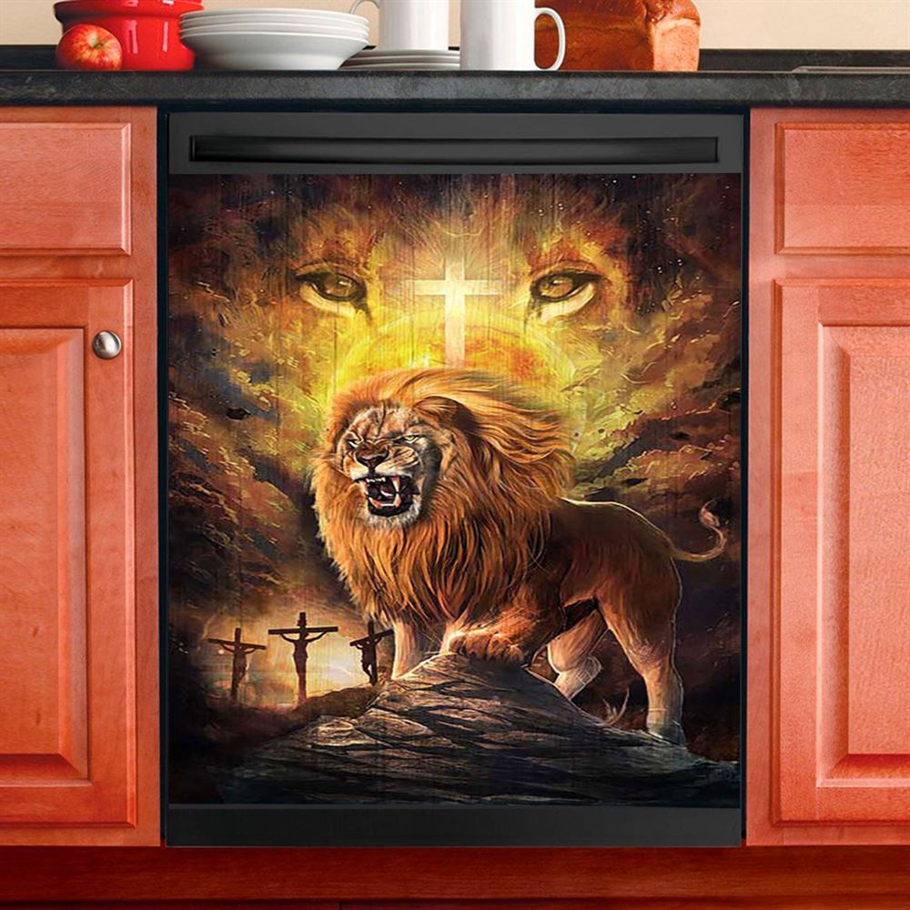 Angry Lion Of Judah Jesus On The Cross Dishwasher Cover, Christian Dishwasher Magnet Cover, Bible Verse Kitchen Decor