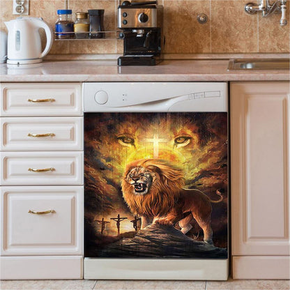 Angry Lion Of Judah Jesus On The Cross Dishwasher Cover, Christian Dishwasher Magnet Cover, Bible Verse Kitchen Decor