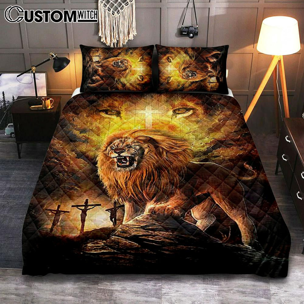 Angry Lion Of Judah Jesus On The Cross Quilt Bedding Set Bedroom - Christian Quilt Bedding Set Prints - Bible Verse Quilt Bedding Set Art
