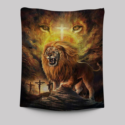 Angry Lion Of Judah Jesus On The Cross Tapestry Wall Art - Christian Tapestries Prints - Bible Verse Tapestry Art
