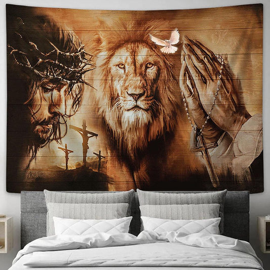 Angry Lion The Face Of Jesus Jesus On The Cross Pray For Healing Tapestry Wall Art - Bible Verse Tapestry - Religious Tapestry Wall Hanging