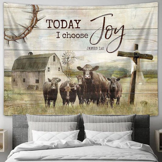 Angus Cow Today I choose joy Tapestry Wall Art - Bible Verse Tapestry - Religious Tapestry Wall Hanging