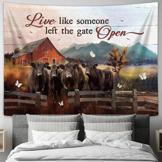 Angus Cow White Butterfly Live Like Someone Left The Gate Open Large Tapestry - Christian Wall Art - Bible Verse Tapestry Art