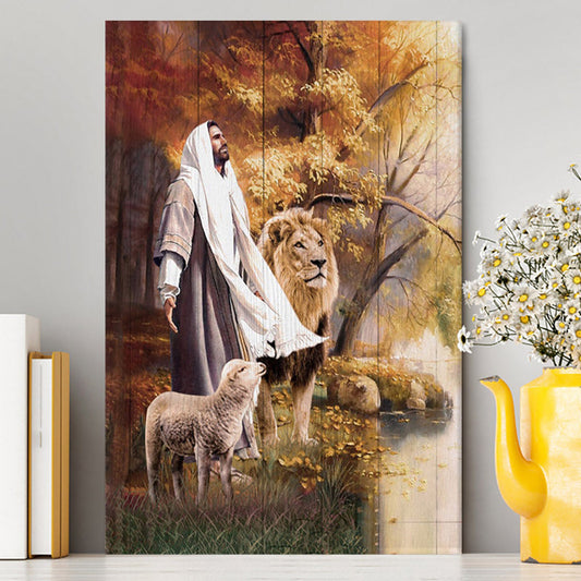 Animal Of God Stunning Lion White Lamb Autumn Forest Canvas Wall Art - Christian Canvas Prints