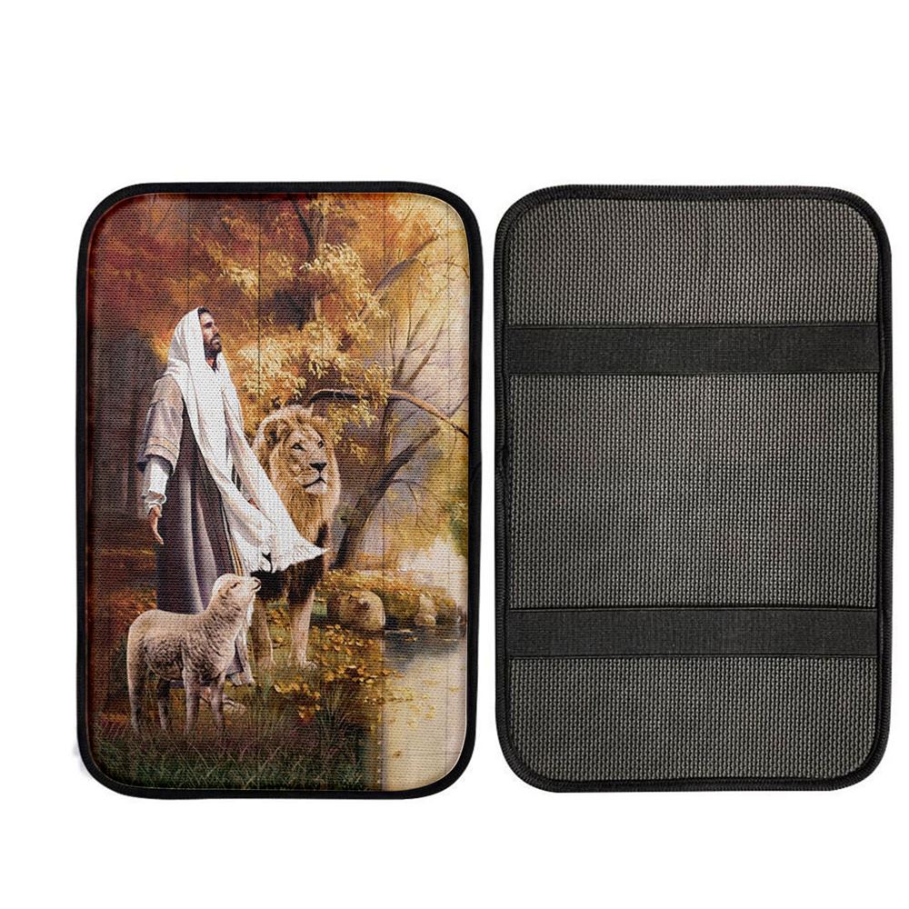 Animal Of God Stunning Lion White Lamb Autumn Forest Car Center Console Cover, Christian Car Interior Accessories
