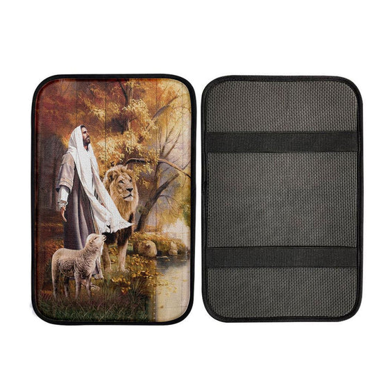 Animal Of God Stunning Lion White Lamb Autumn Forest Car Center Console Cover, Christian Car Interior Accessories