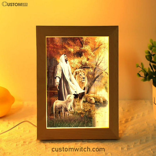 Animal Of God Stunning Lion White Lamb Autumn Forest Frame Lamp Art - Christian Night Light