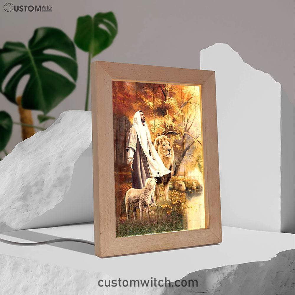 Animal Of God Stunning Lion White Lamb Autumn Forest Frame Lamp Art - Christian Night Light