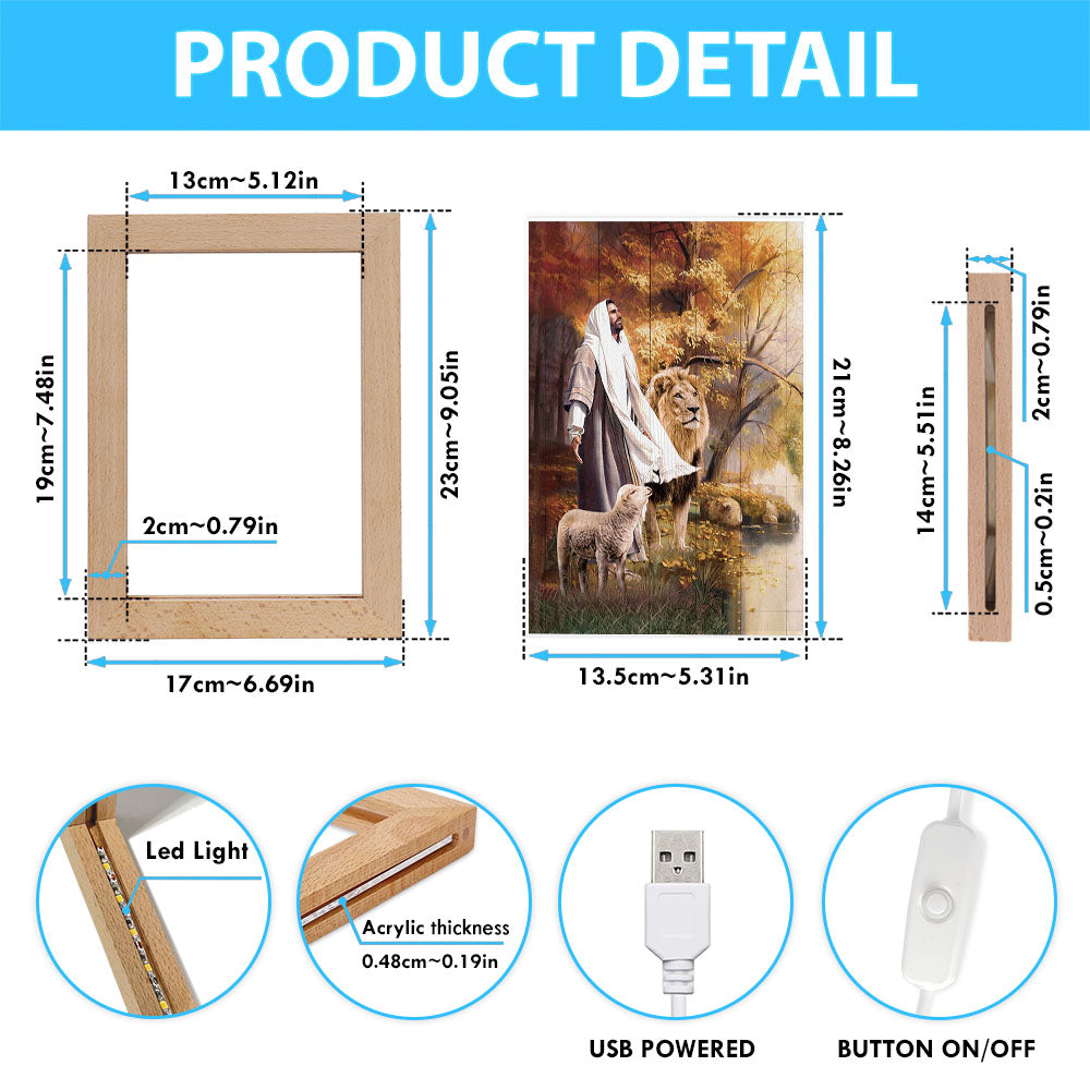 Animal Of God Stunning Lion White Lamb Autumn Forest Frame Lamp Art - Christian Night Light