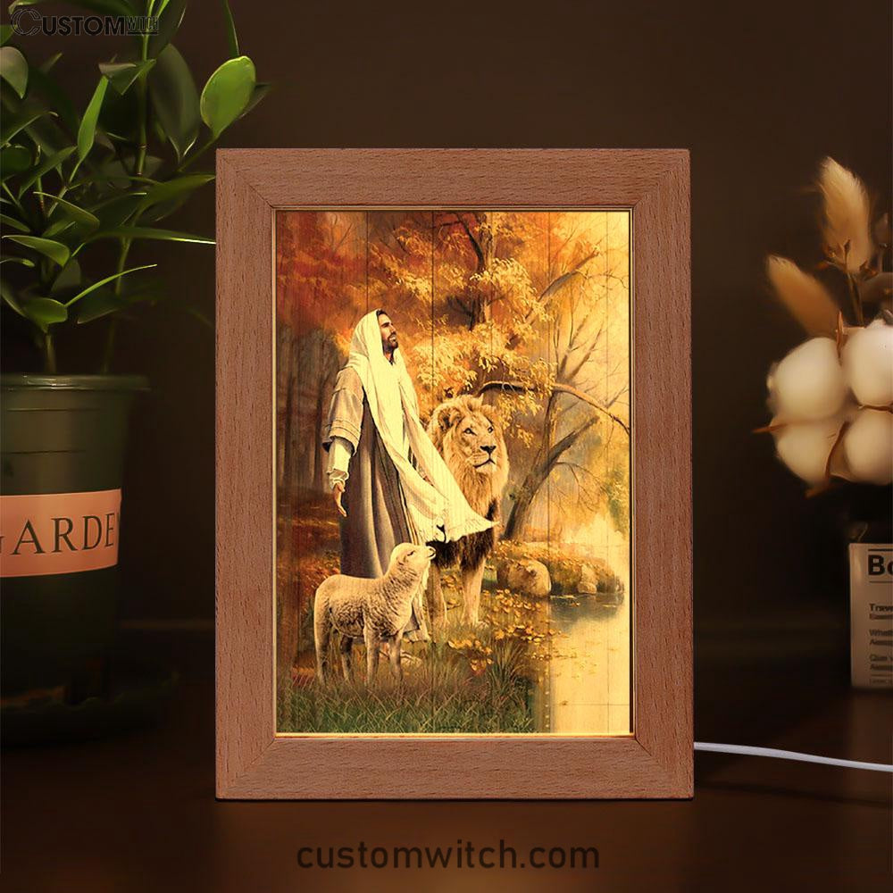 Animal Of God Stunning Lion White Lamb Autumn Forest Frame Lamp Art - Christian Night Light