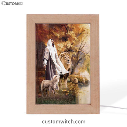 Animal Of God Stunning Lion White Lamb Autumn Forest Frame Lamp Art - Christian Night Light