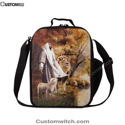 Animal Of God Stunning Lion White Lamb Autumn Forest Lunch Bag, Christian Lunch Bag For School, Picnic, Religious Lunch Bag