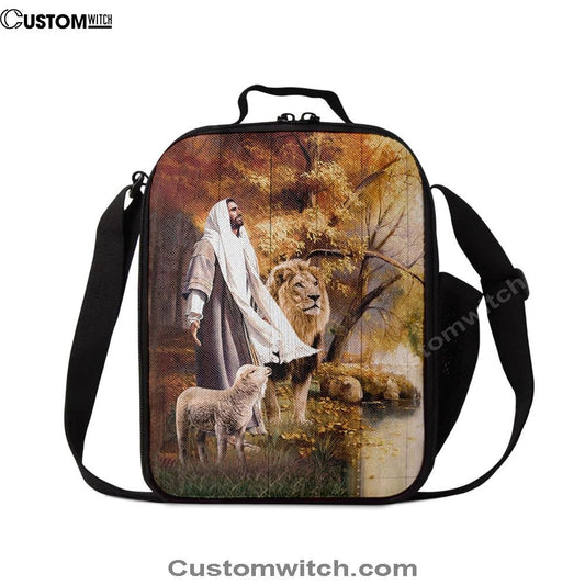Animal Of God Stunning Lion White Lamb Autumn Forest Lunch Bag, Christian Lunch Bag For School, Picnic, Religious Lunch Bag