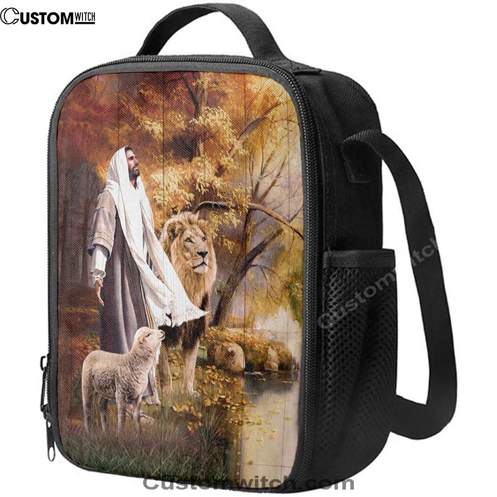 Animal Of God Stunning Lion White Lamb Autumn Forest Lunch Bag, Christian Lunch Bag For School, Picnic, Religious Lunch Bag