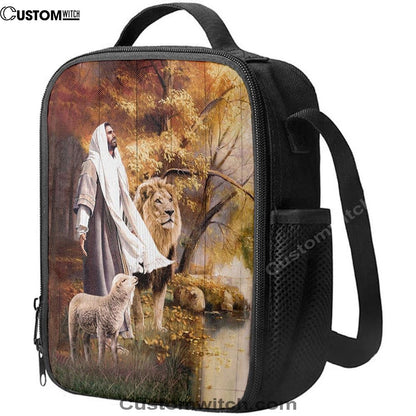 Animal Of God Stunning Lion White Lamb Autumn Forest Lunch Bag, Christian Lunch Bag For School, Picnic, Religious Lunch Bag