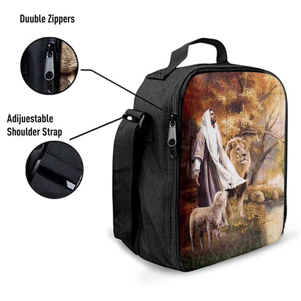 Animal Of God Stunning Lion White Lamb Autumn Forest Lunch Bag, Christian Lunch Bag For School, Picnic, Religious Lunch Bag
