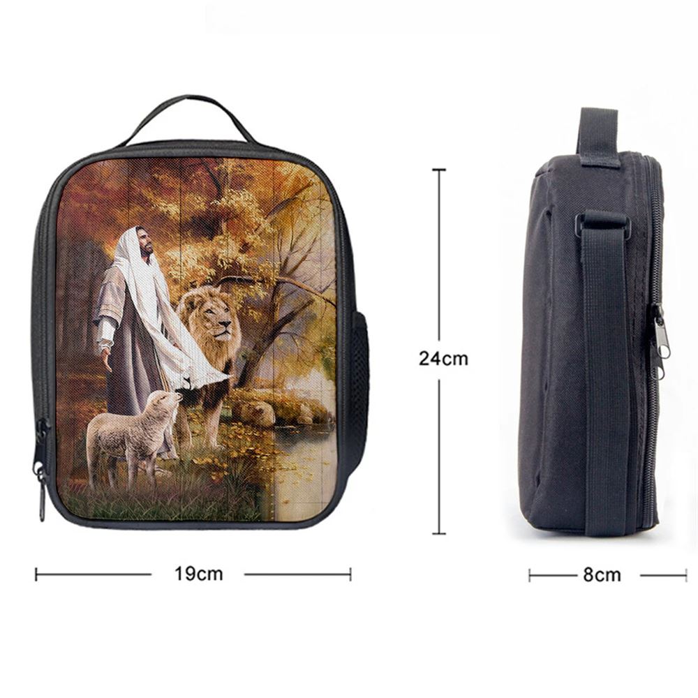 Animal Of God Stunning Lion White Lamb Autumn Forest Lunch Bag, Christian Lunch Bag For School, Picnic, Religious Lunch Bag