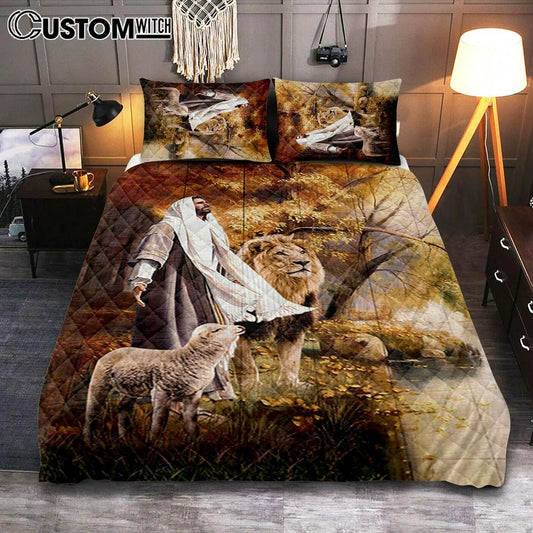 Animal Of God Stunning Lion White Lamb Autumn Forest Quilt Bedding Set Bedroom - Christian Quilt Bedding Set Prints