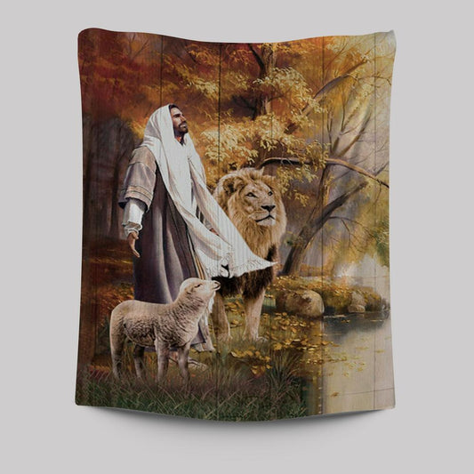 Animal Of God Stunning Lion White Lamb Autumn Forest Tapestry Wall Art - Christian Tapestries Prints