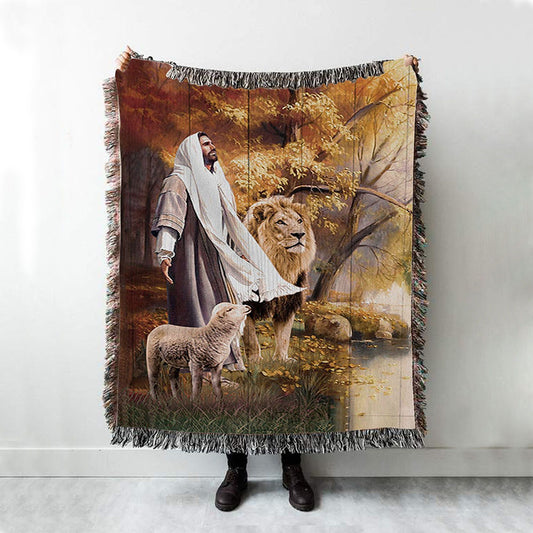 Animal Of God Stunning Lion White Lamb Autumn Forest Woven Throw Blanket - Christian Woven Blanket Prints