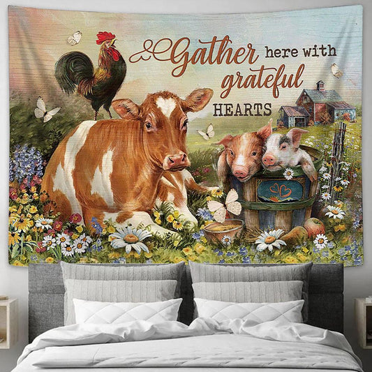 Animals Farm Gather Here With Grateful Hearts Tapestry Wall Art - Bible Verse Tapestry - Religious Tapestry Wall Hanging