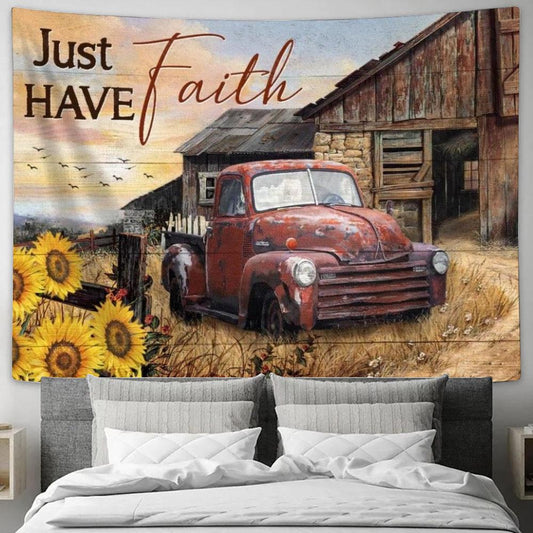 Antique Ladybug Car, Old Farm, Sunflower Garden, Just Have Faith Tapestry, Tapestries for Living Room Bedroom
