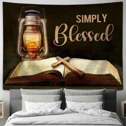 Antique Lantern, Vintage Bible, Cross Drawing, Simply Blessed Tapestry, Tapestries for Living Room Bedroom