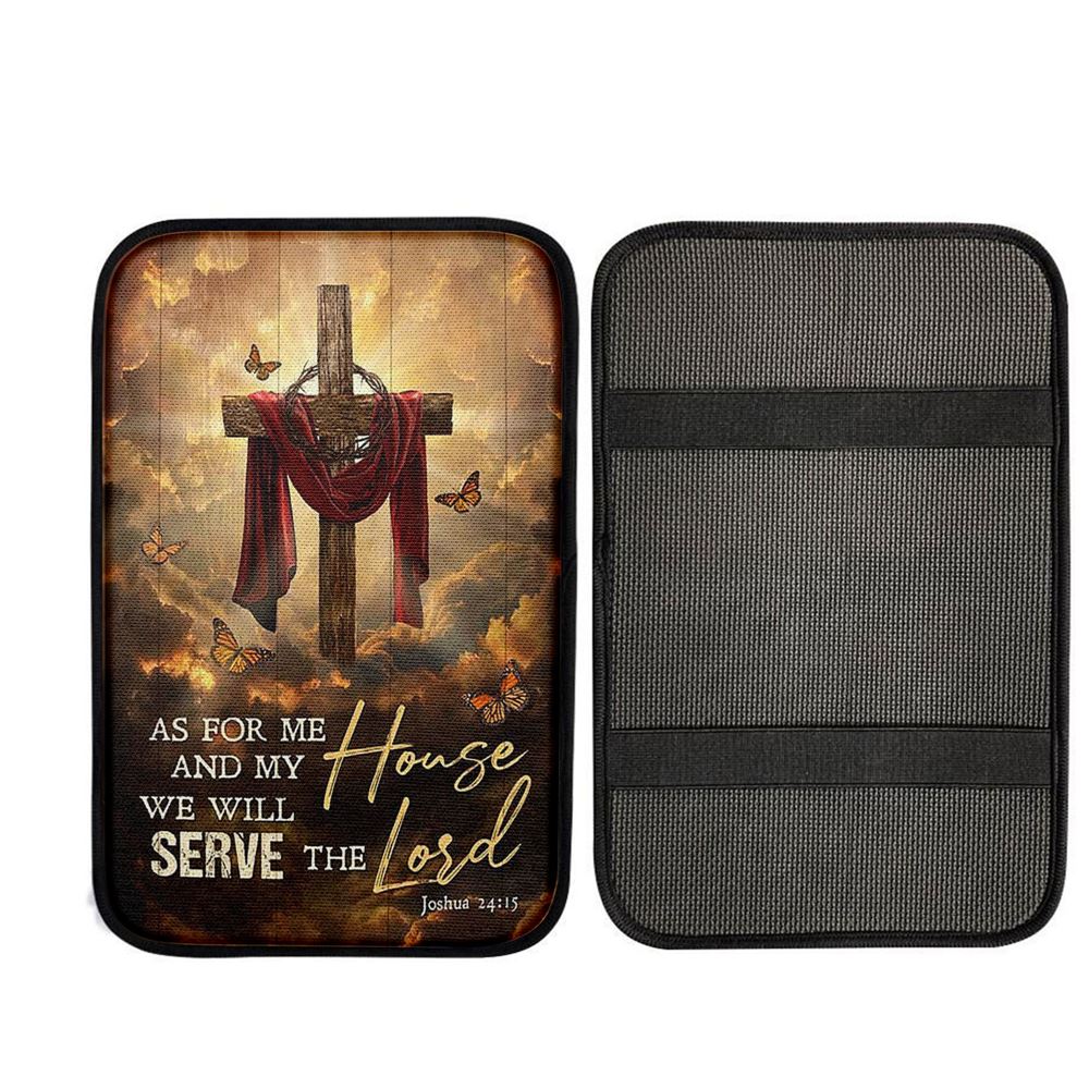 As For Me And My House Big Cross Butterfly Car Center Console Cover, Christian Auto Armrest Cover