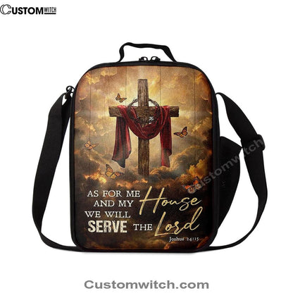 As For Me And My House Big Cross Butterfly Lunch Bag, Christian Lunch Bag For School, Picnic, Religious Lunch Bag