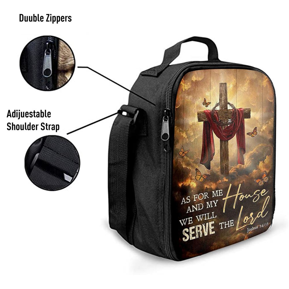 As For Me And My House Big Cross Butterfly Lunch Bag, Christian Lunch Bag For School, Picnic, Religious Lunch Bag