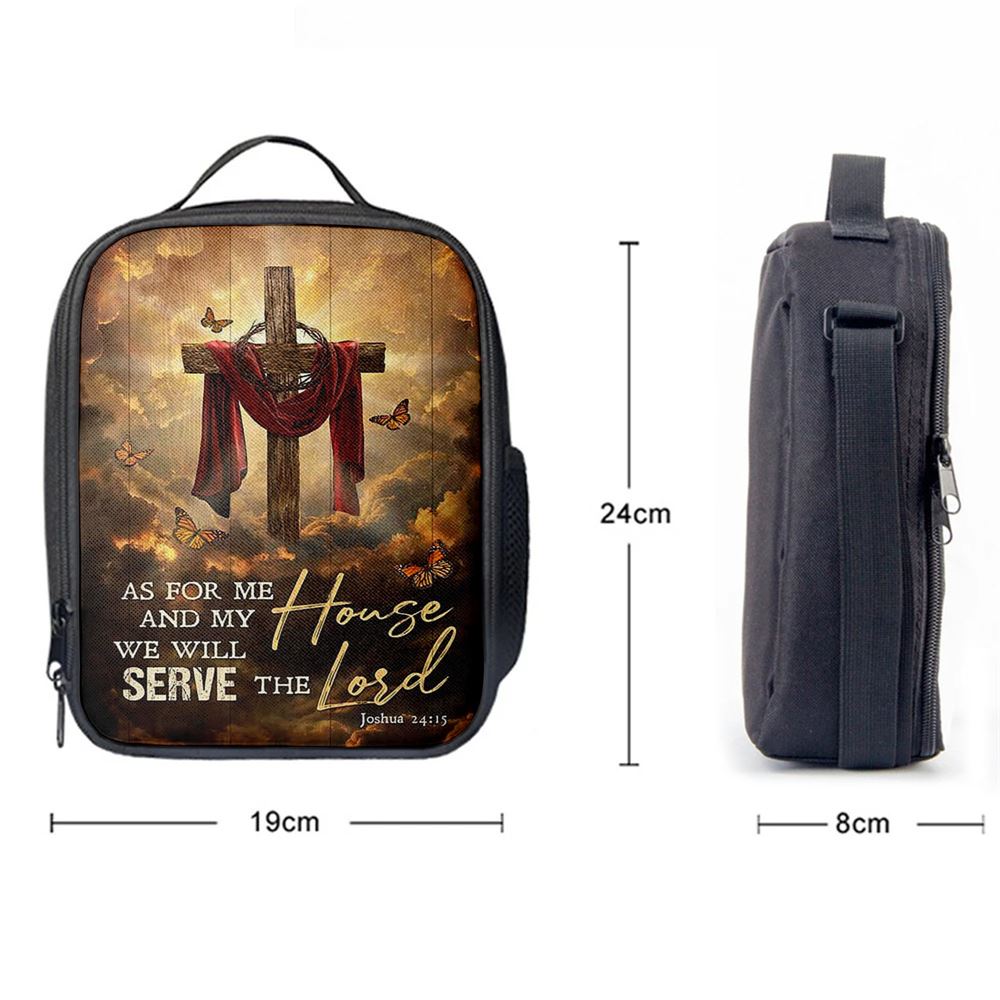 As For Me And My House Big Cross Butterfly Lunch Bag, Christian Lunch Bag For School, Picnic, Religious Lunch Bag