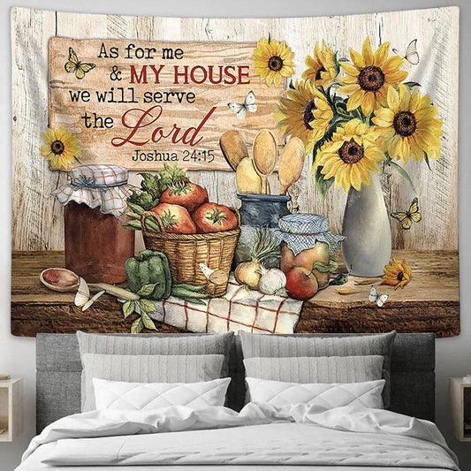 As For Me And My House Sunflower Vintage Kitchen White Butterfly Large Tapestry - Christian Wall Art - Bible Verse Tapestry Art