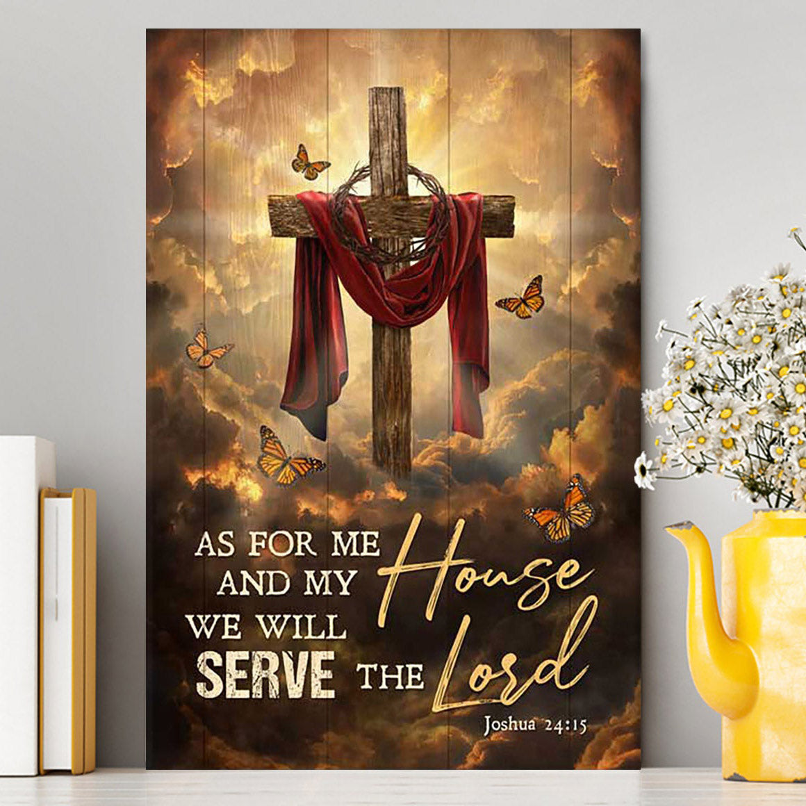 As For Me And My House Sunset Big Cross Monarch Butterfly Canvas Art - Bible Verse Wall Art - Christian Inspirational Wall Decor