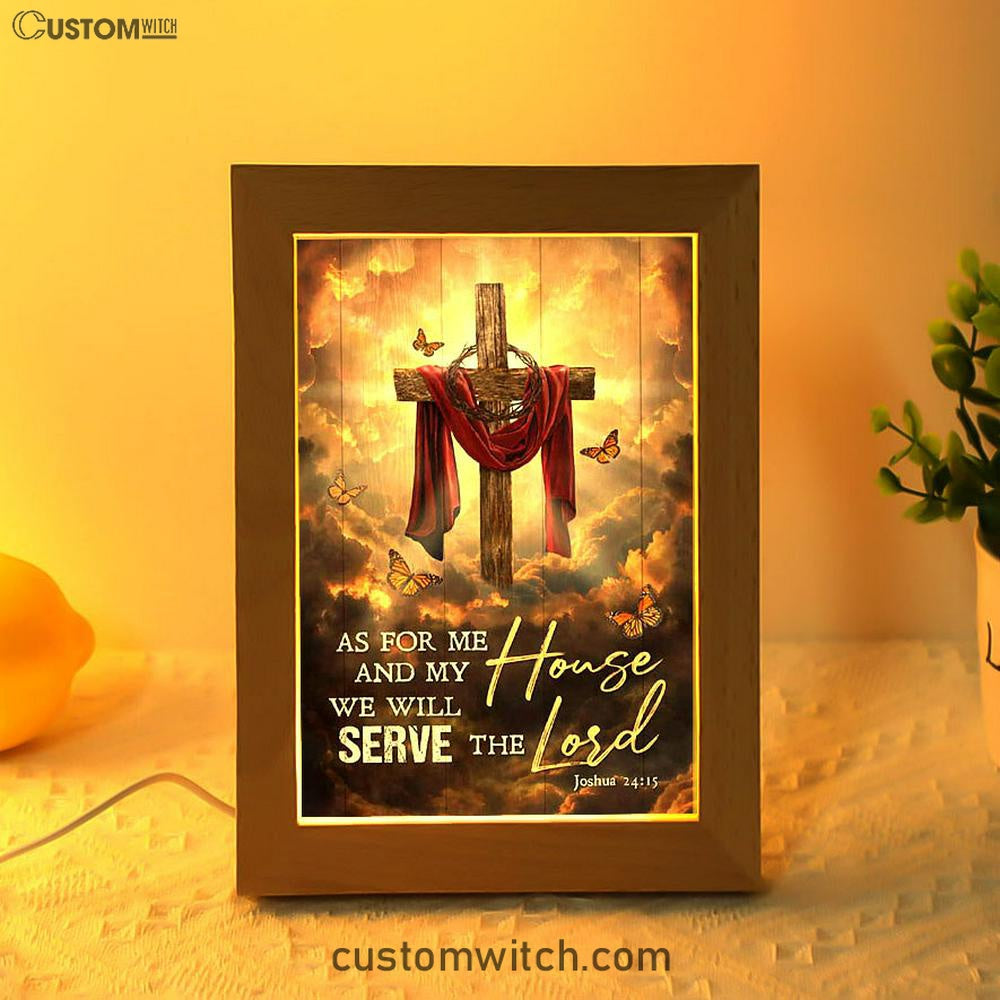 As For Me And My House Sunset Big Cross Monarch Butterfly Frame Lamp Art - Bible Verse Art - Christian Inspirational Decor
