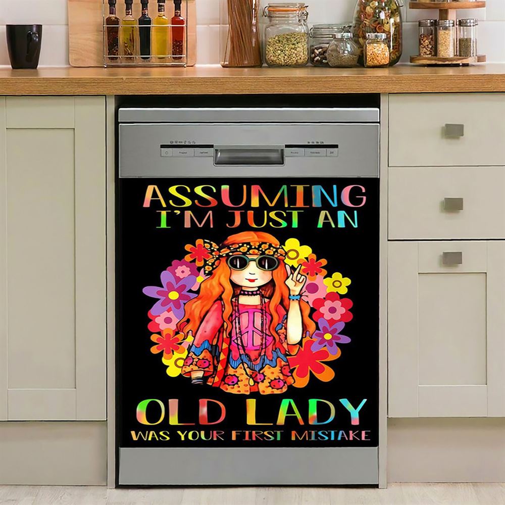 Assuming I'M Just An Old Lady Dishwasher Cover, Hippie Dishwasher Magnet Cover, Pshycadellic Kitchen Decor