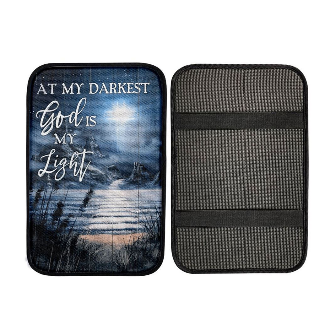 At My Darkest God Is My Light Car Armrest Pad - Jesus And Horse Family Car Center Console Cover, Christian Auto Armrest Cover