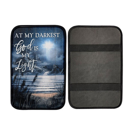 At My Darkest God Is My Light Car Armrest Pad - Jesus And Horse Family Car Center Console Cover, Christian Auto Armrest Cover