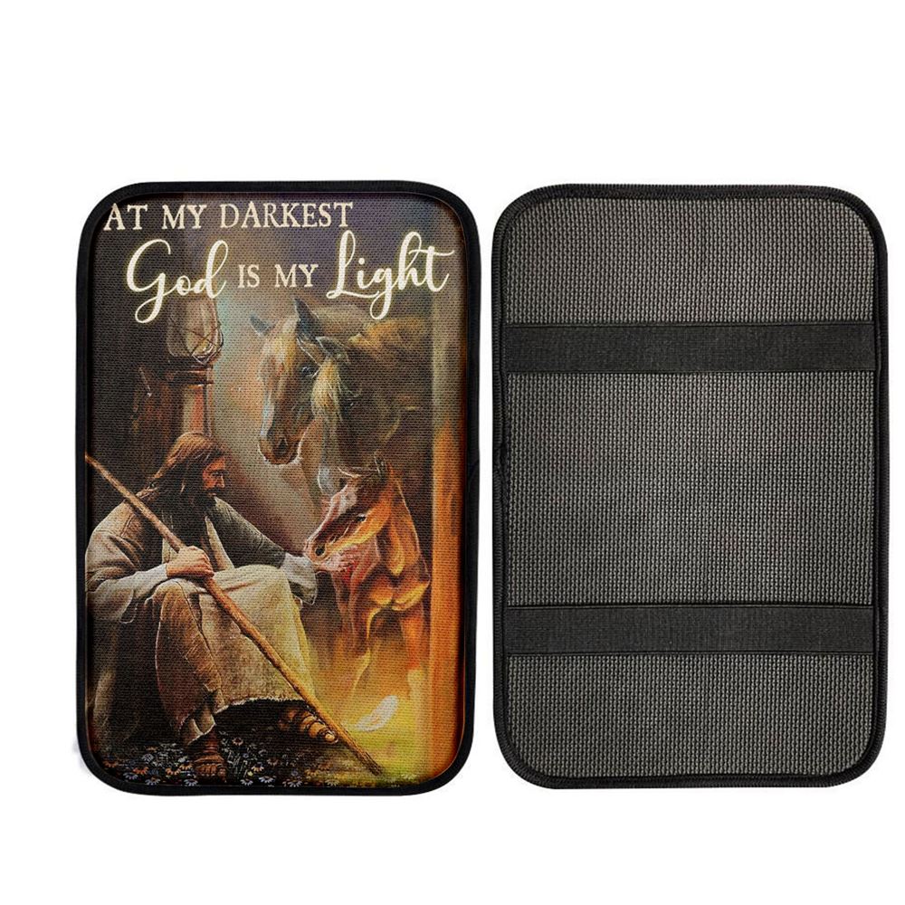 At My Darkest God Is My Light Car Center Console Cover, Bible Car Armrest Pad, Christian Auto Armrest Cover