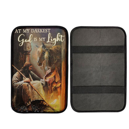At My Darkest God Is My Light Car Center Console Cover, Bible Car Armrest Pad, Christian Auto Armrest Cover